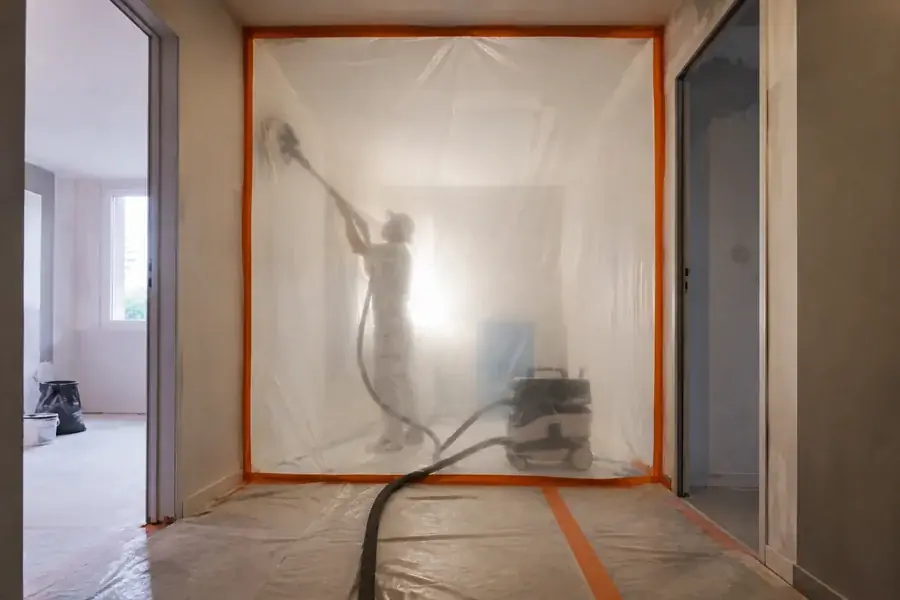 Zone de ponçage confinée par une bâche adhésive, ponceuse raccordée à un aspirateur de chantier