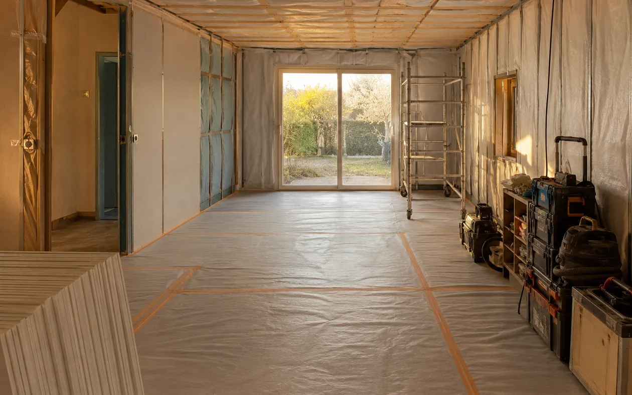 Chantier d'isolation en cours : sols et murs protégés par des bâches, échafaudage roulant et outillage rangé