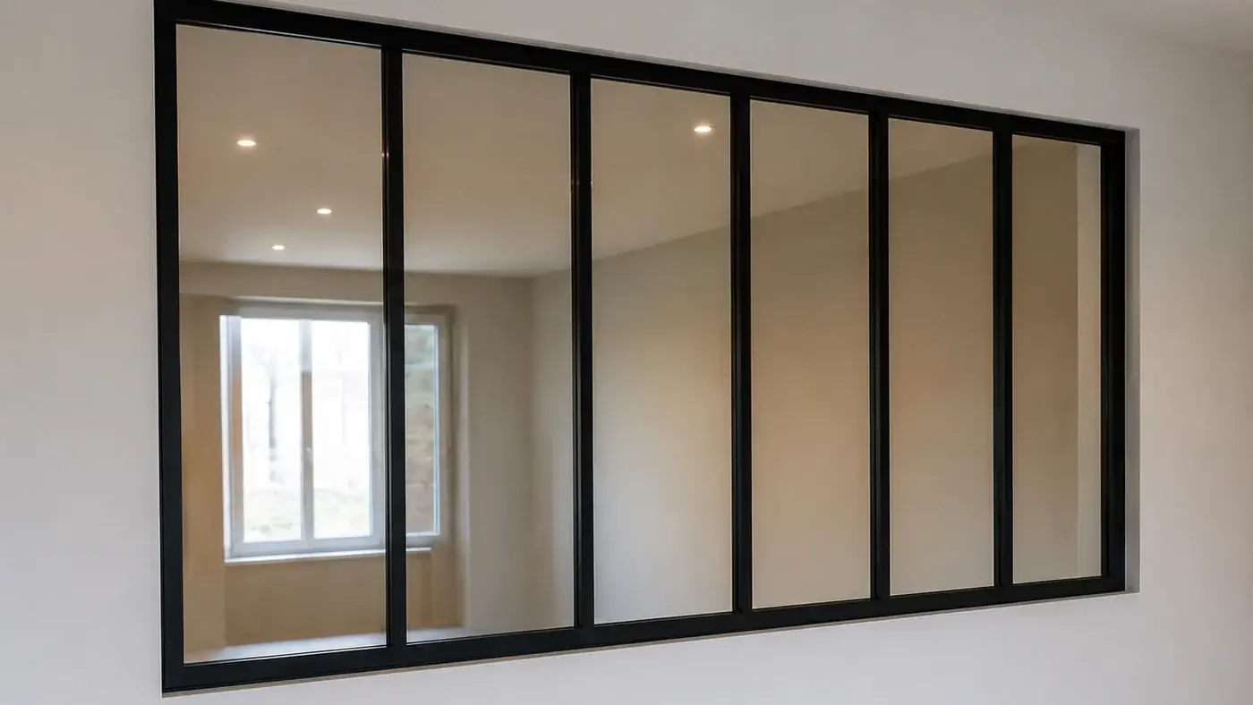 Verrière d'atelier à châssis noir intégrée dans une cloison en plaques de plâtre, tableau et retours finis