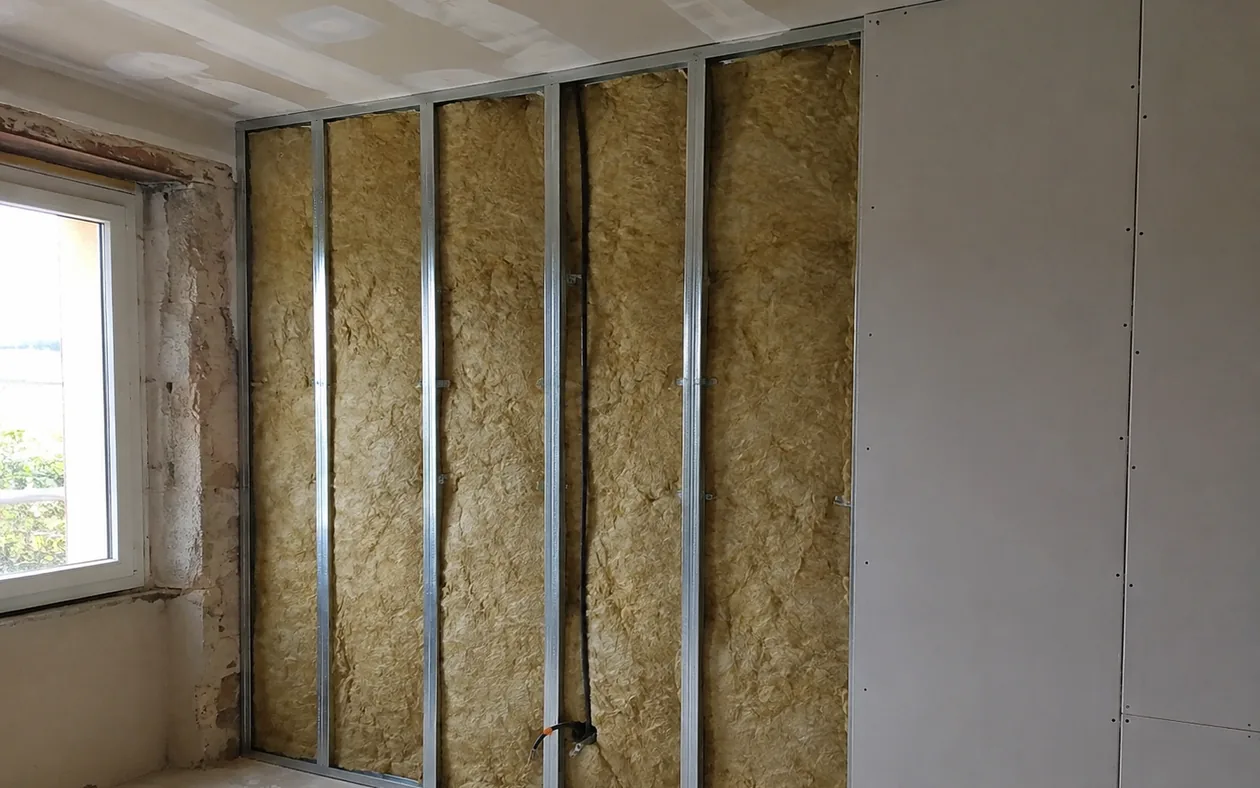 Mur en cours de doublage : ossature métallique, laine entre montants et plaque de plâtre déjà posée sur une partie