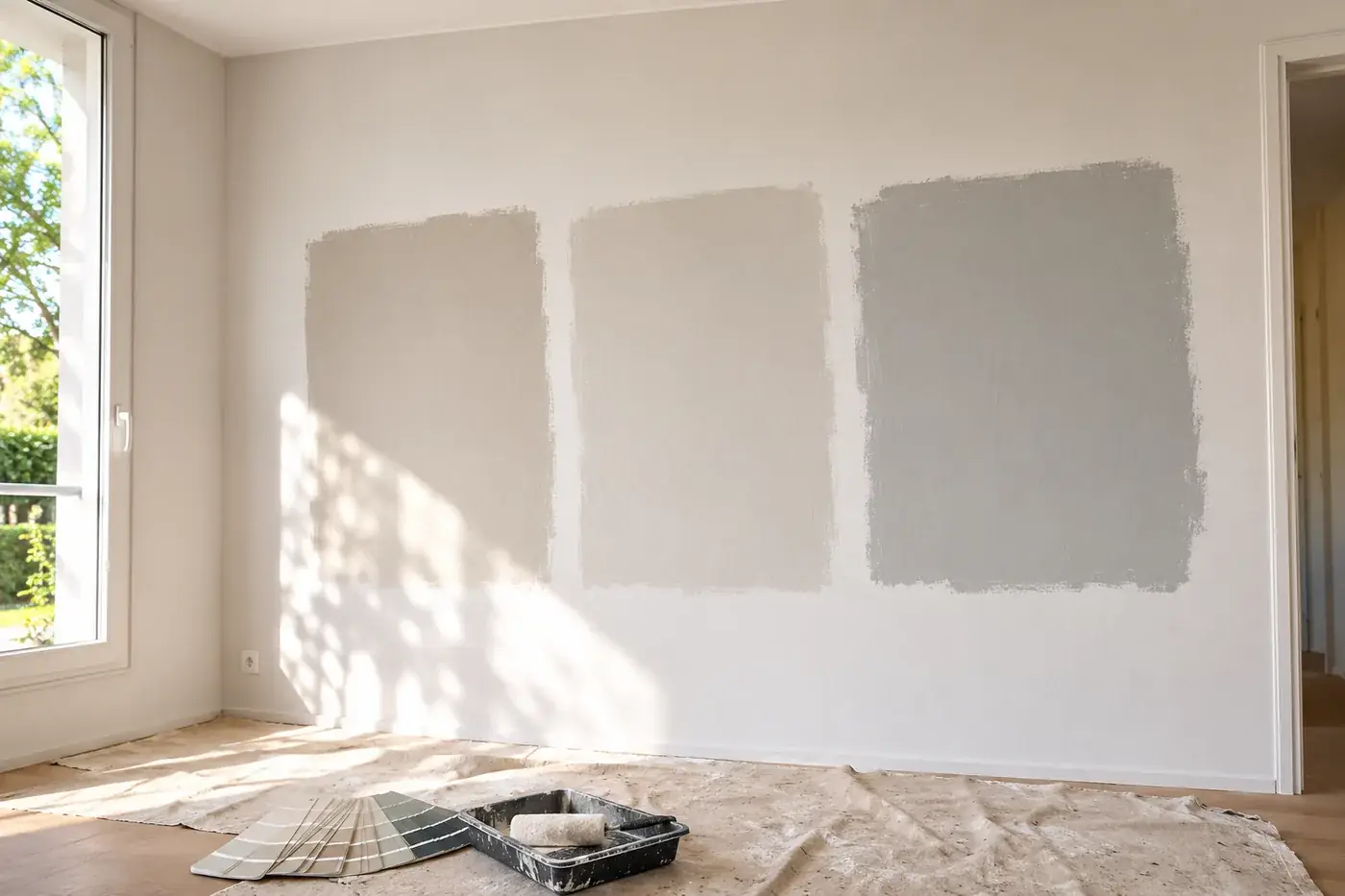 Trois carrés d'essai de teintes voisines peints côte à côte sur un mur, nuancier professionnel posé au sol