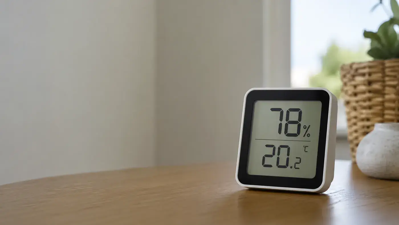 Hygromètre d'ambiance posé sur une table, affichant 78 % d'humidité relative à 20,2 °C