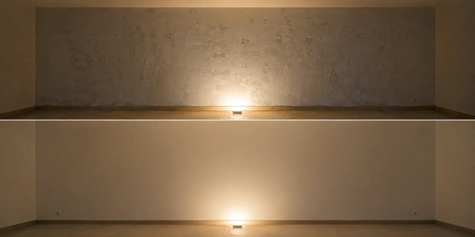 Le même mur éclairé par une lampe posée au sol : en haut avant préparation, cloques et manques visibles ; en bas après ratissage, surface parfaitement plane