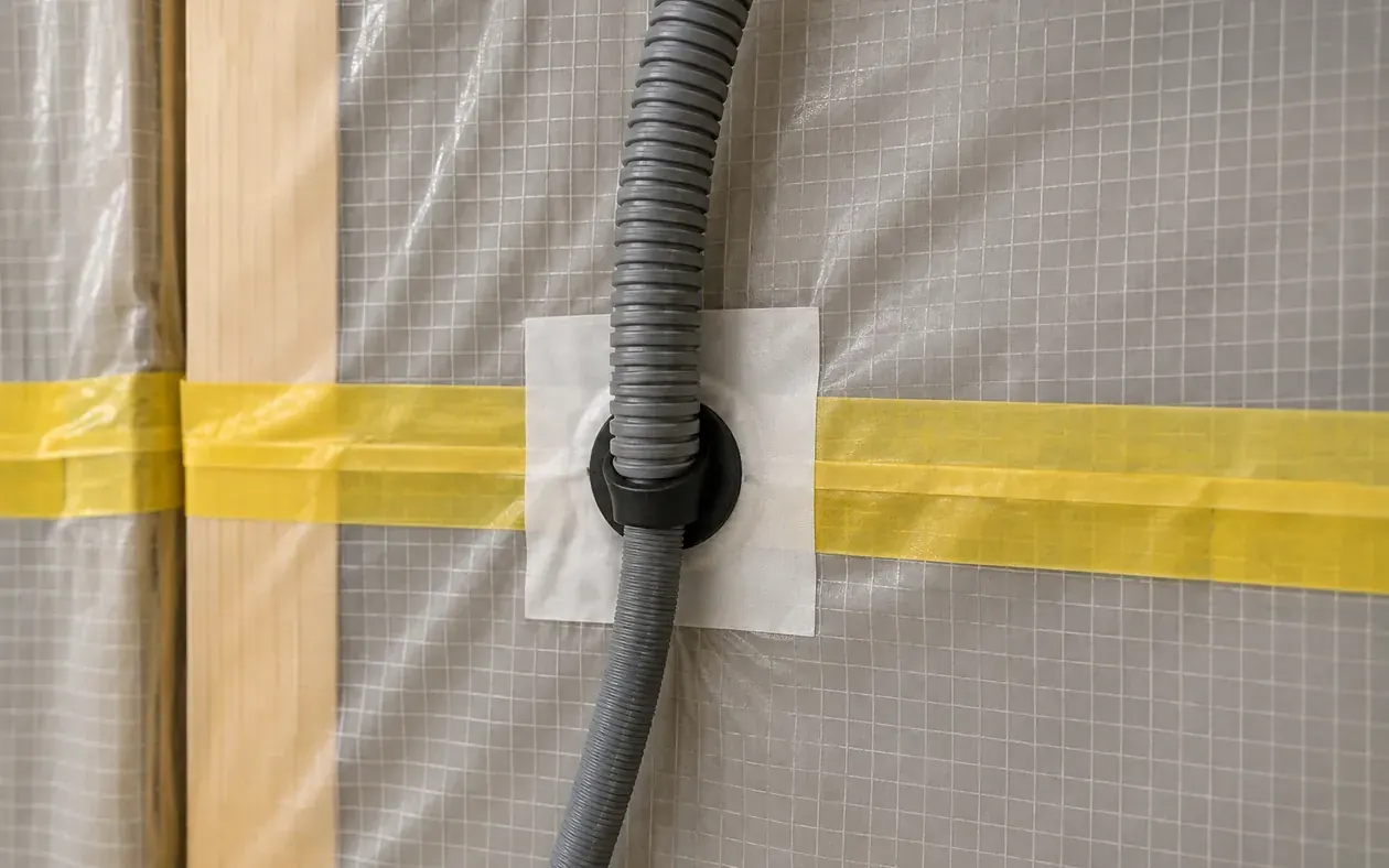 Traversée de gaine électrique dans une membrane pare-vapeur, traitée par collerette et adhésif d'étanchéité