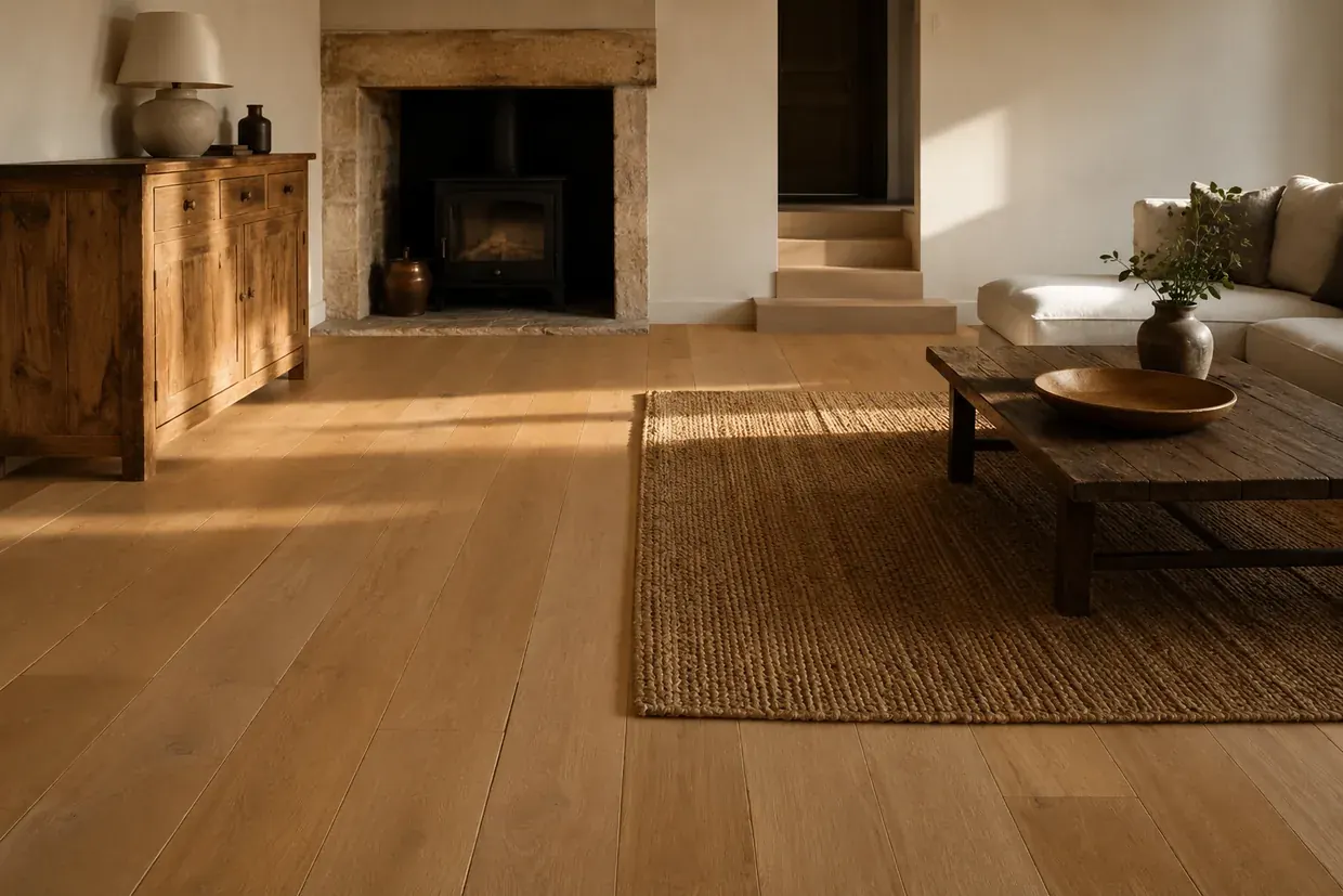 Vue d'illustration : parquet chêne clair à lames larges posé droit dans un séjour de maison ancienne, cheminée en pierre et tapis en fibre naturelle