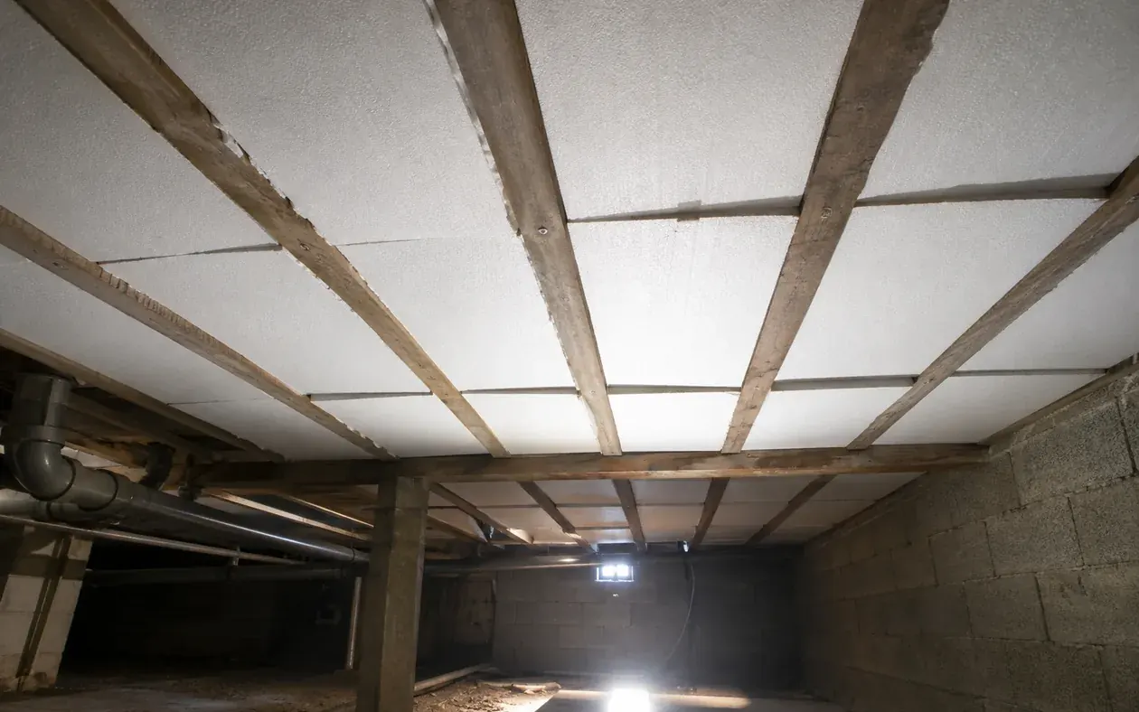Plancher bas isolé par le dessous : panneaux fixés en sous-face entre les solives, vus depuis la cave