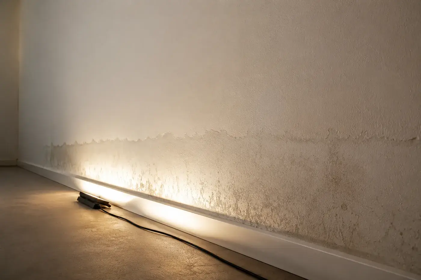 Bas de mur atteint par l'humidité, éclairé par un projecteur posé au sol : la limite haute de la tache forme une ligne régulière sur toute la longueur