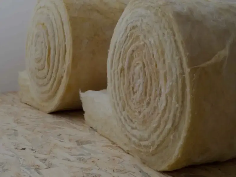 Rouleaux de laine minérale prêts à poser sur un chantier d'isolation